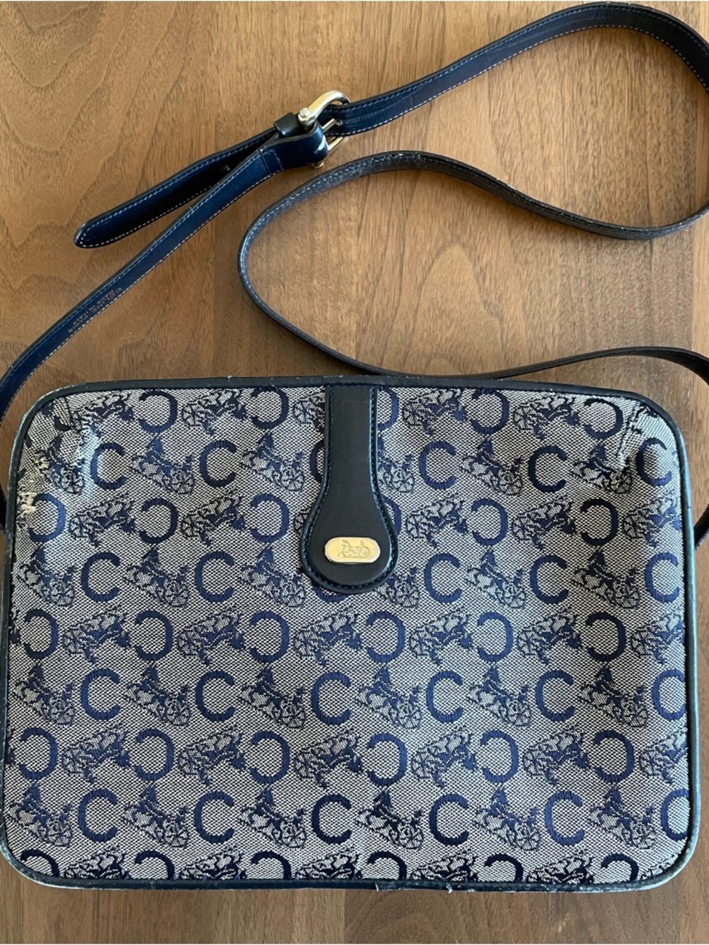 authentic vintage Celine Navy  Monogram Canvas Shoulder Bag C logo 70s 80s
